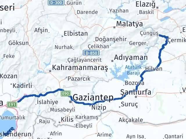 Osmaniye Çüngüş Diyarbakır Arası Kaç Km - Yol Haritası
