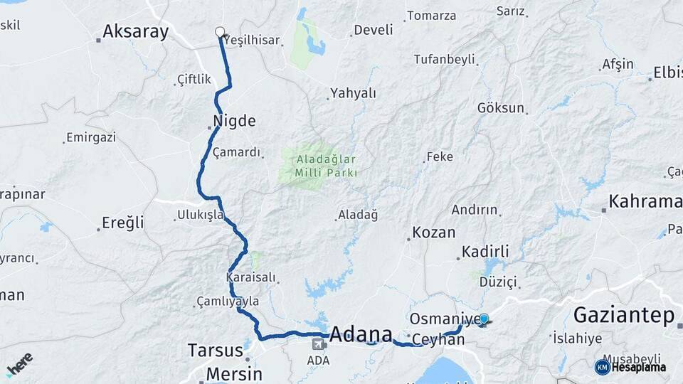 Osmaniye Derinkuyu Nevşehir Arası Kaç Km - Yol Haritası