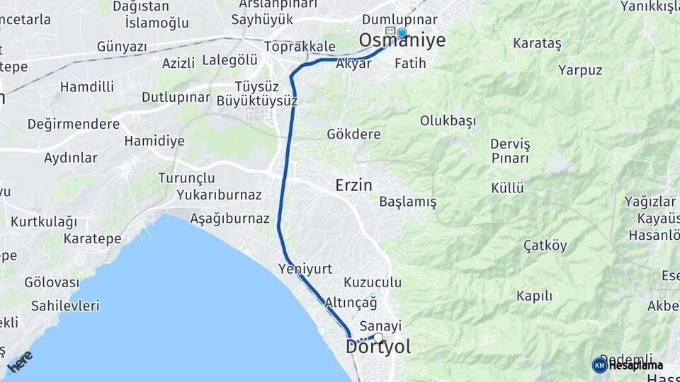 Osmaniye Dörtyol Hatay Arası Kaç Km - Yol Haritası