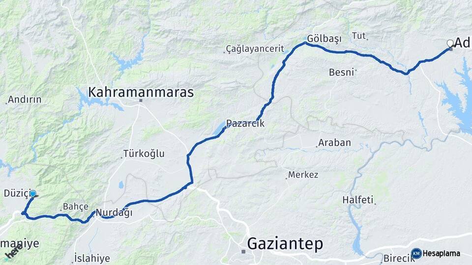 Osmaniye Düziçi Adıyaman Arası Kaç Km - Yol Haritası