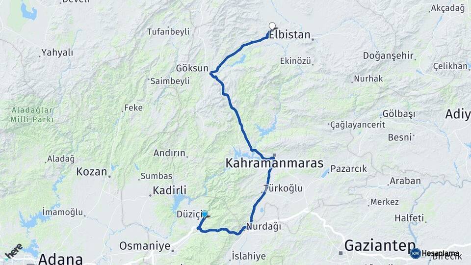 Osmaniye Düziçi Afşin Kahramanmaraş Arası Kaç Km - Yol Haritası