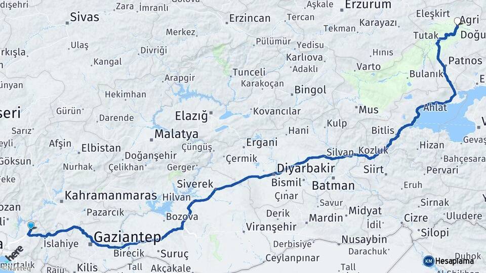 Osmaniye Düziçi Ağrı Arası Kaç Km - Yol Haritası