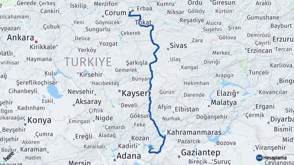 Osmaniye Düziçi Amasya Arası Kaç Km - Yol Haritası
