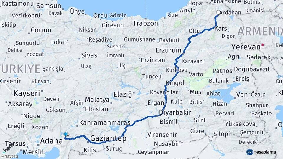Osmaniye Düziçi Ardahan Arası Kaç Km - Yol Haritası