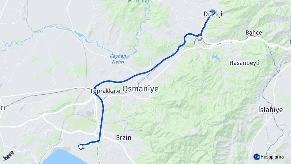 Osmaniye Düziçi Aşağıburnaz Erzin Hatay Arası Kaç Km - Yol Haritası