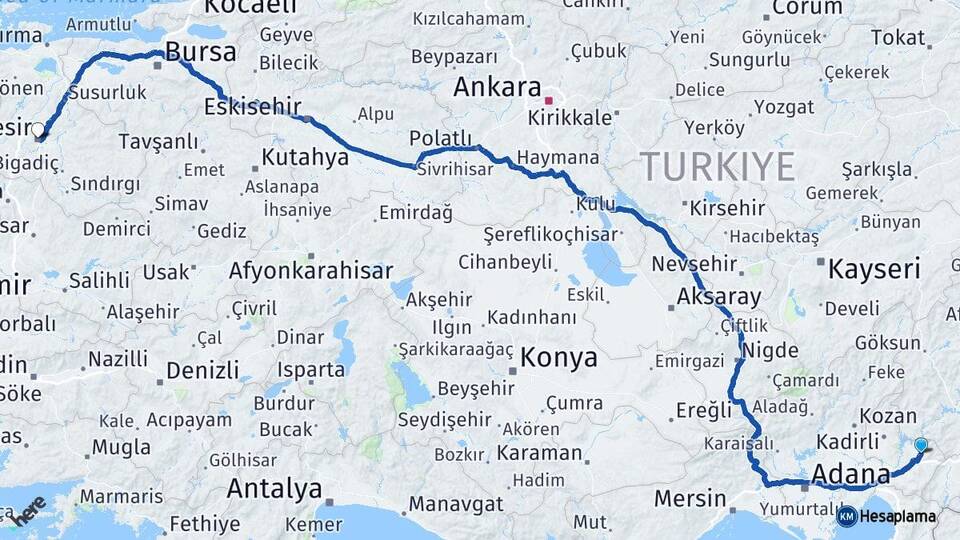 Osmaniye Düziçi Balıkesir Arası Kaç Km - Yol Haritası