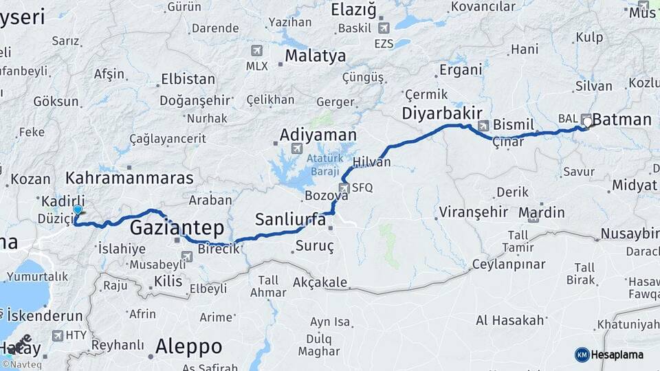 Osmaniye Düziçi Batman Arası Kaç Km - Yol Haritası