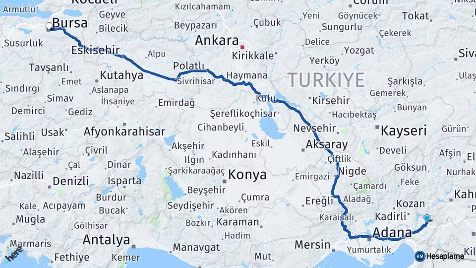 Osmaniye Düziçi Bursa Arası Kaç Km - Yol Haritası