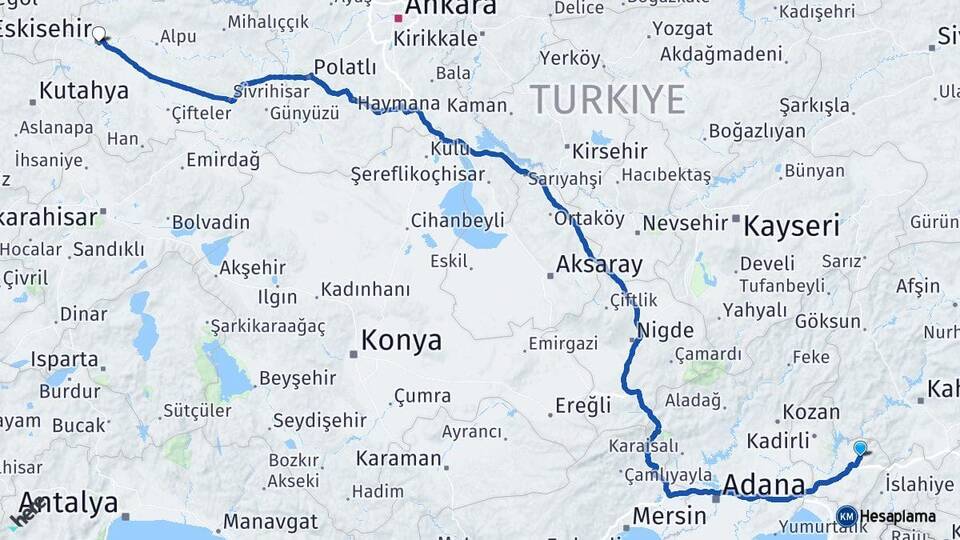 Osmaniye Düziçi Eskişehir Arası Kaç Km - Yol Haritası