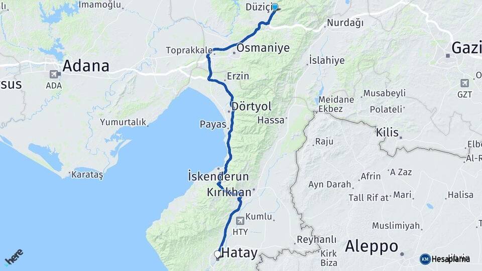 Osmaniye Düziçi Hatay Arası Kaç Km - Yol Haritası