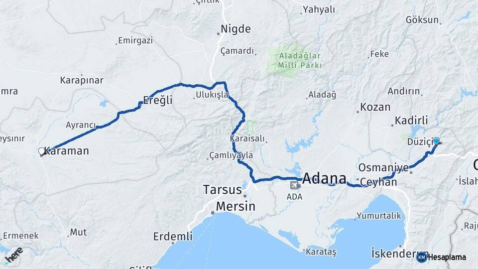 Osmaniye Düziçi Karaman Arası Kaç Km - Yol Haritası