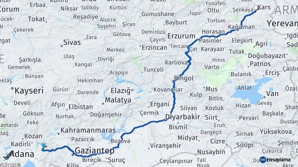 Osmaniye Düziçi Kars Arası Kaç Km - Yol Haritası