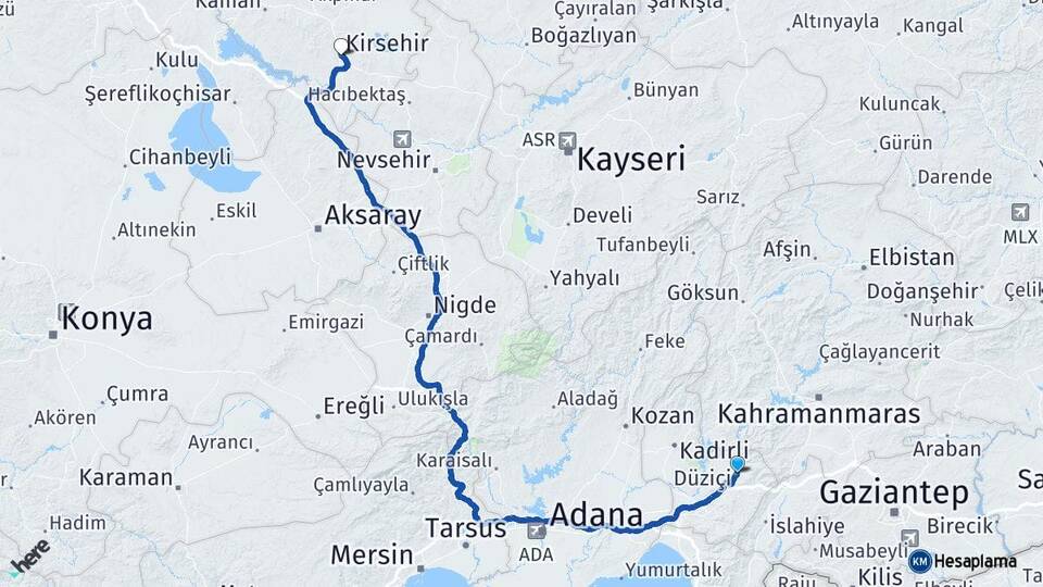 Osmaniye Düziçi Kırşehir Arası Kaç Km - Yol Haritası