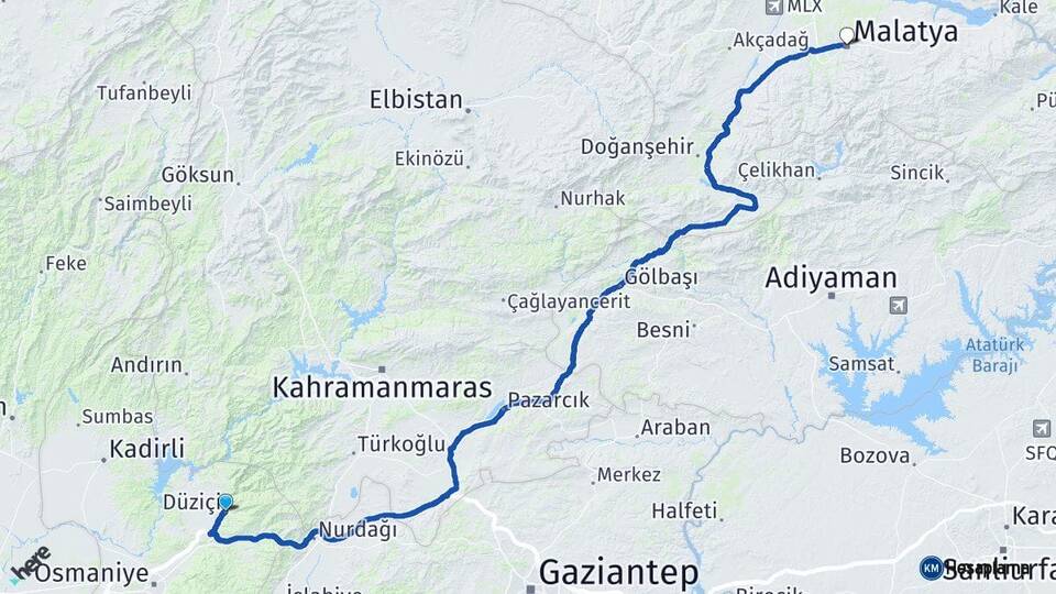 Osmaniye Düziçi Malatya Arası Kaç Km - Yol Haritası