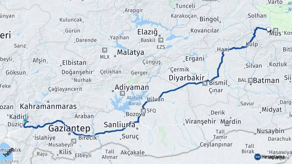 Osmaniye Düziçi Muş Arası Kaç Km - Yol Haritası