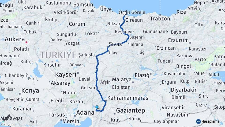 Osmaniye Düziçi Ordu Arası Kaç Km - Yol Haritası