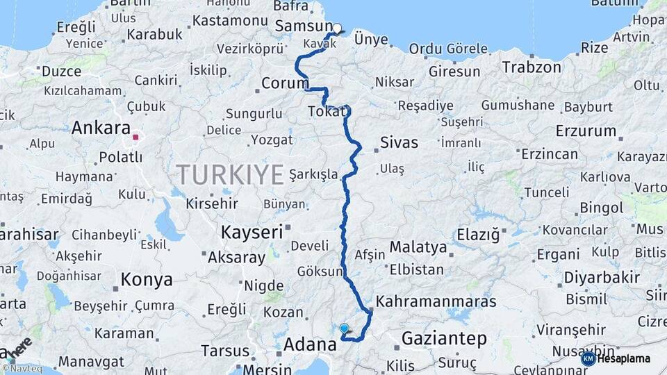 Osmaniye Düziçi Samsun Arası Kaç Km - Yol Haritası