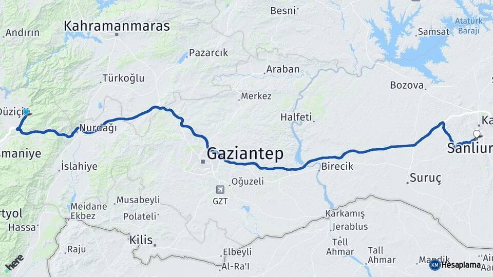 Osmaniye Düziçi Şanlıurfa Arası Kaç Km - Yol Haritası