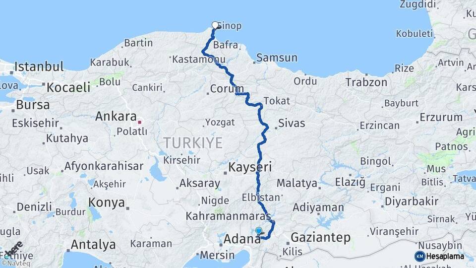 Osmaniye Düziçi Sinop Arası Kaç Km - Yol Haritası