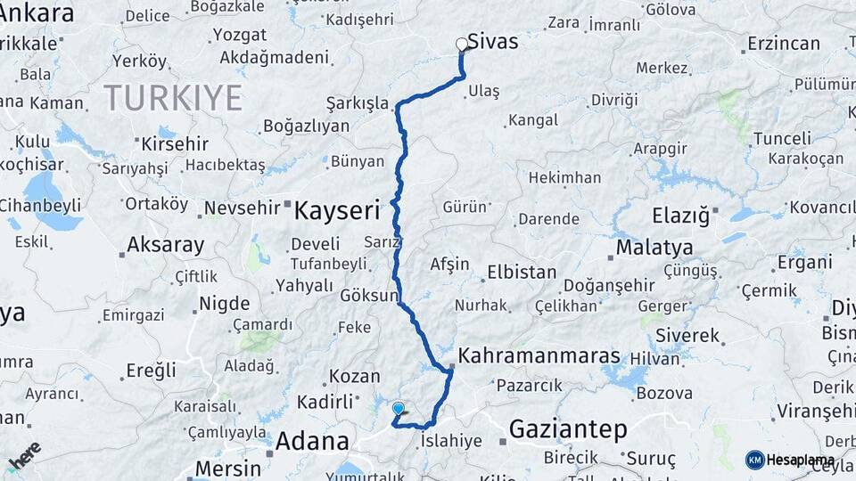 Osmaniye Düziçi Sivas Arası Kaç Km - Yol Haritası