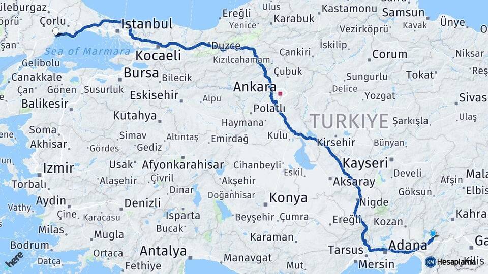 Osmaniye Düziçi Tekirdağ Arası Kaç Km - Yol Haritası