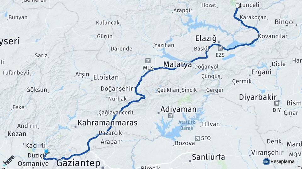 Osmaniye Düziçi Tunceli Arası Kaç Km - Yol Haritası