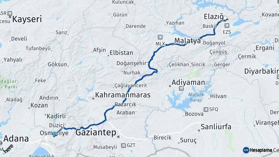 Osmaniye Elazığ Arası Kaç Km - Yol Haritası
