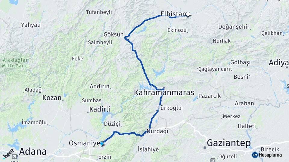 Osmaniye Elbistan Kahramanmaraş Arası Kaç Km - Yol Haritası