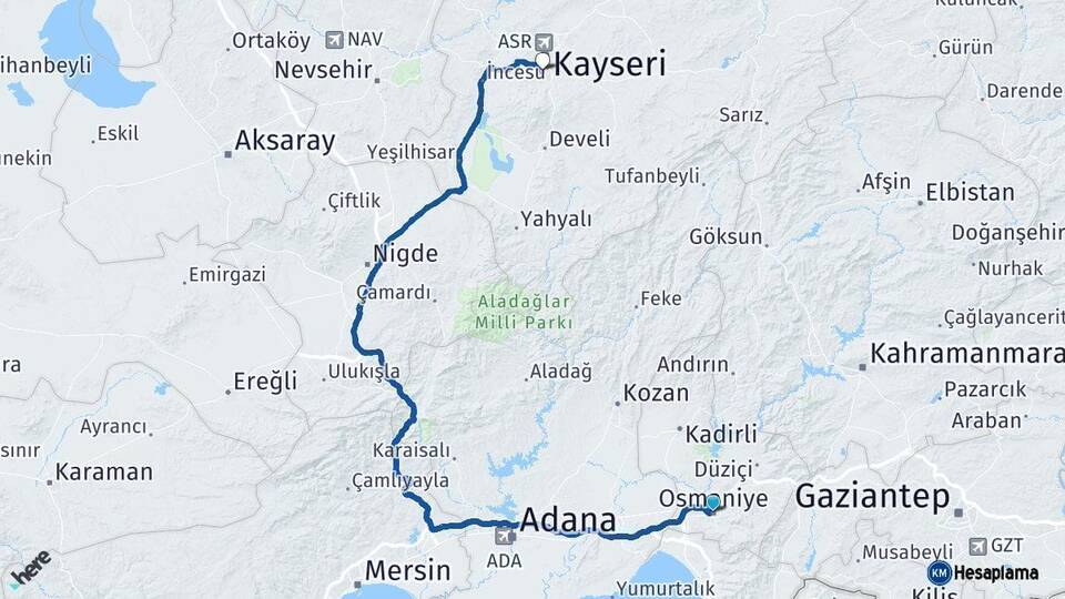 Osmaniye Erciyes Hacılar Kayseri Arası Kaç Km - Yol Haritası