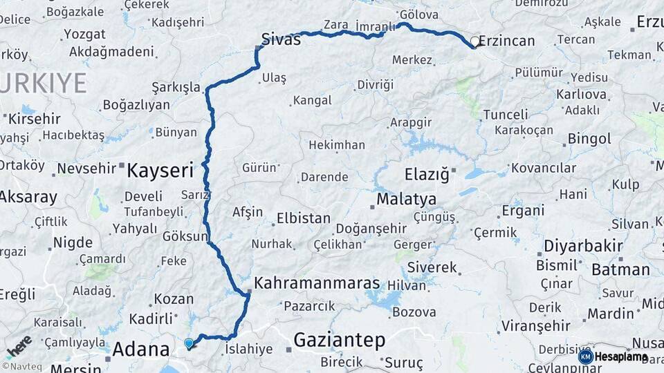 Osmaniye Erzincan Arası Kaç Km - Yol Haritası