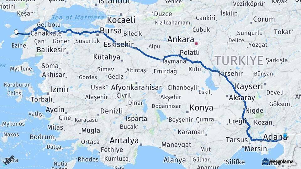 Osmaniye Gökçeada Çanakkale Arası Kaç Km - Yol Haritası