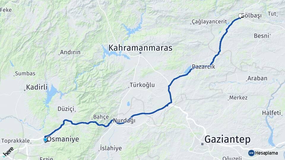 Osmaniye Gölbaşı Adıyaman Arası Kaç Km - Yol Haritası