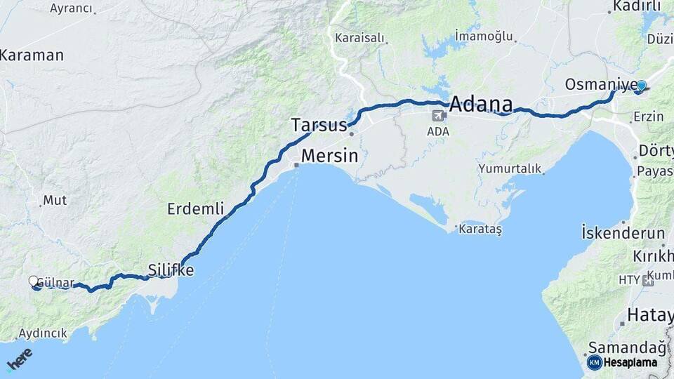 Osmaniye Gülnar Mersin Arası Kaç Km - Yol Haritası