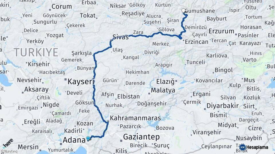 Osmaniye Gümüşhane Arası Kaç Km - Yol Haritası