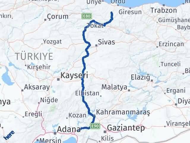 Osmaniye Gürgentepe Ordu Arası Kaç Km - Yol Haritası