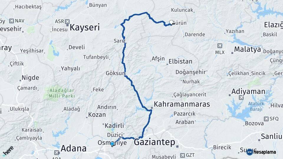Osmaniye Gürün Sivas Arası Kaç Km - Yol Haritası