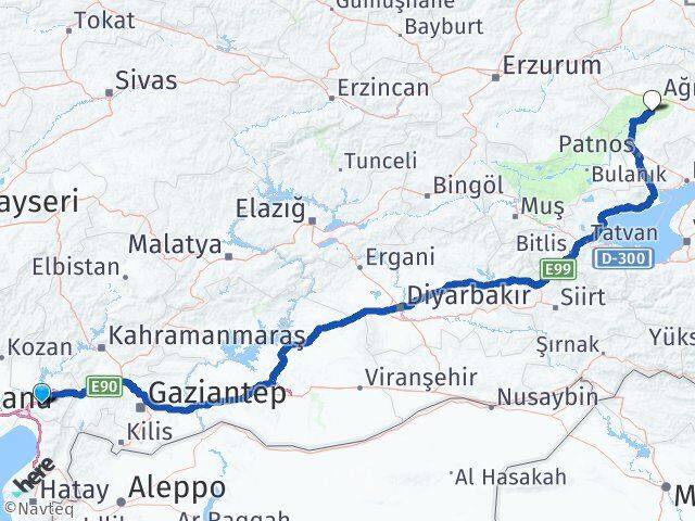 Osmaniye Hamur Ağrı Arası Kaç Km - Yol Haritası