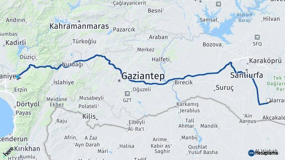 Osmaniye Harran Şanlıurfa Arası Kaç Km - Yol Haritası