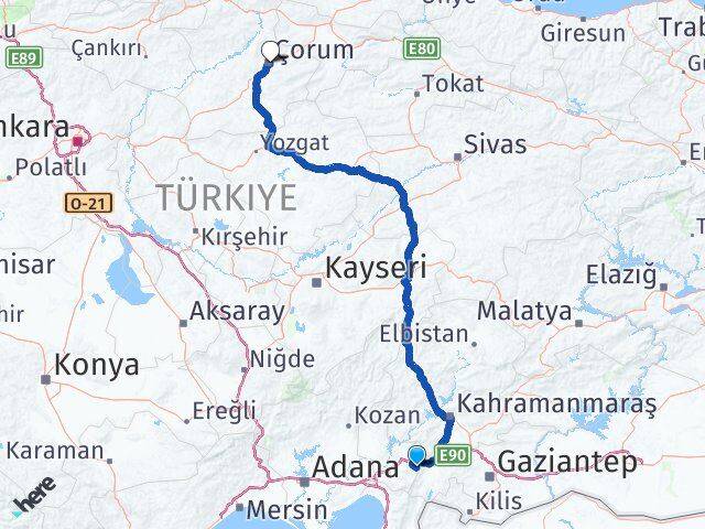 Osmaniye Hasanbeyli Çorum Arası Kaç Km - Yol Haritası