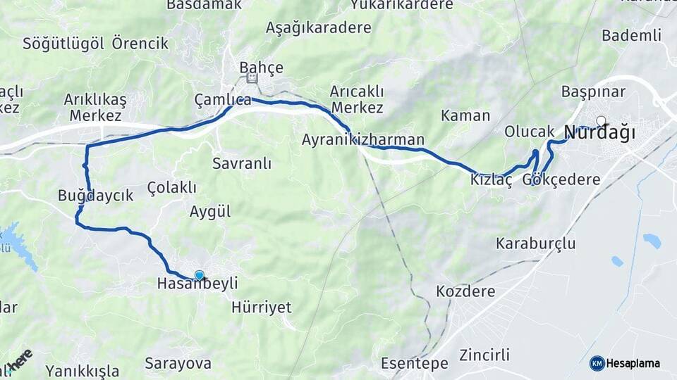 Osmaniye Hasanbeyli Nurdağı Gaziantep Arası Kaç Km - Yol Haritası