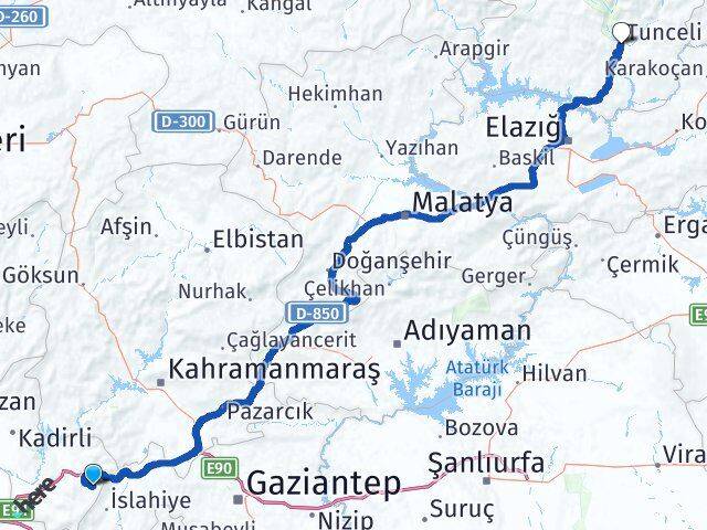 Osmaniye Hasanbeyli Tunceli Arası Kaç Km - Yol Haritası