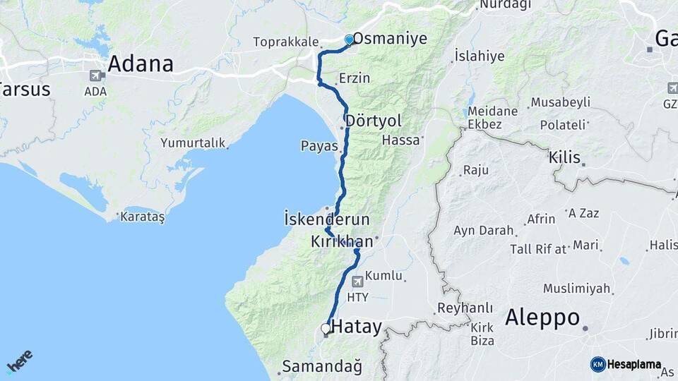 Osmaniye Hatay Arası Kaç Km - Yol Haritası