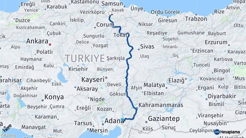 Osmaniye Havza Samsun Arası Kaç Km - Yol Haritası