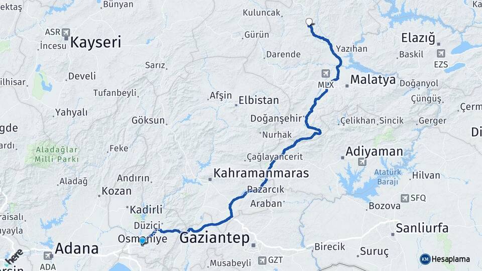 Osmaniye Hekimhan Malatya Arası Kaç Km - Yol Haritası