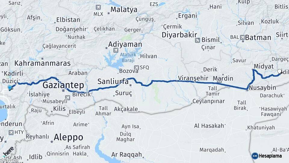 Osmaniye İdil Şırnak Arası Kaç Km - Yol Haritası