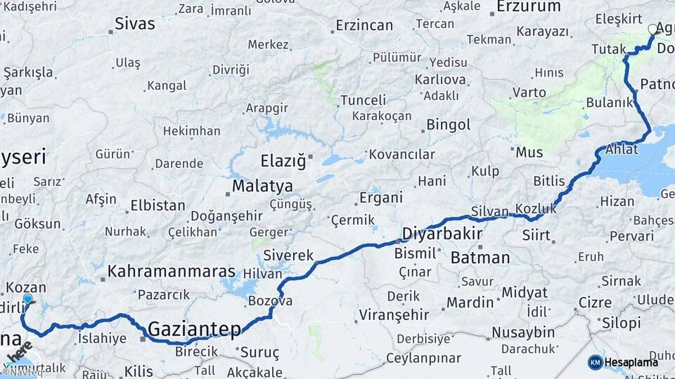Osmaniye Kadirli Ağrı Arası Kaç Km - Yol Haritası