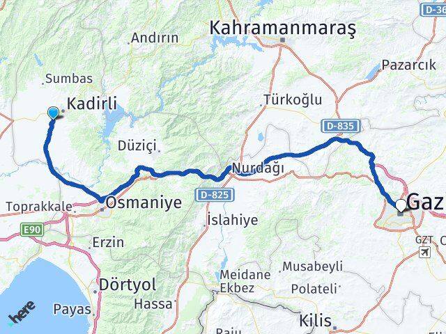 Osmaniye Kadirli Anberinarkı Gaziantep Arası Kaç Km - Yol Haritası
