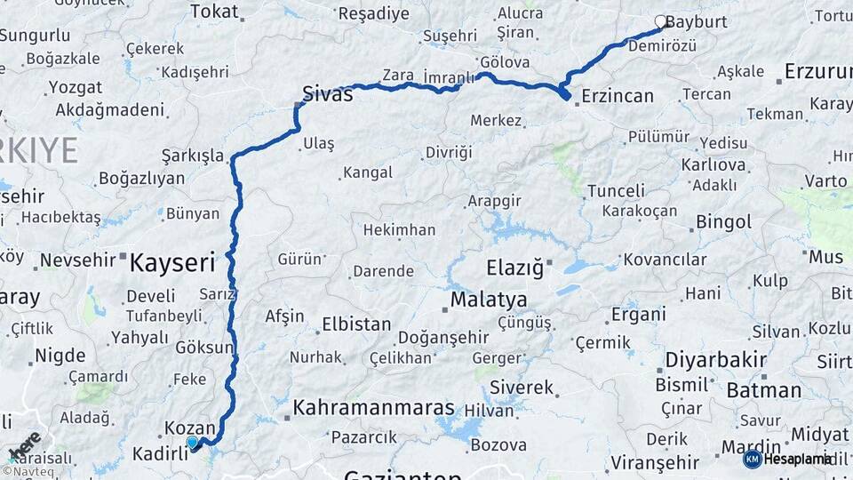 Osmaniye Kadirli Bayburt Arası Kaç Km - Yol Haritası