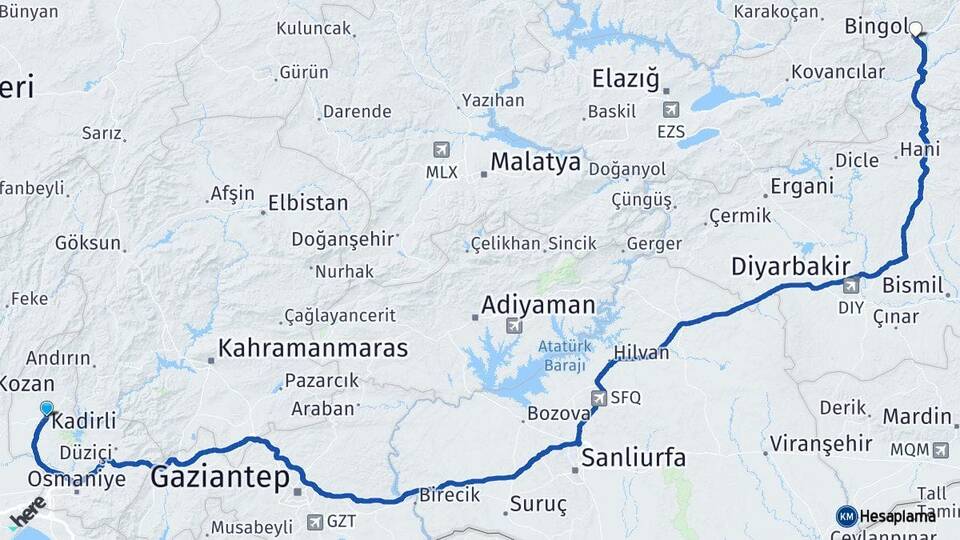 Osmaniye Kadirli Bingöl Arası Kaç Km - Yol Haritası