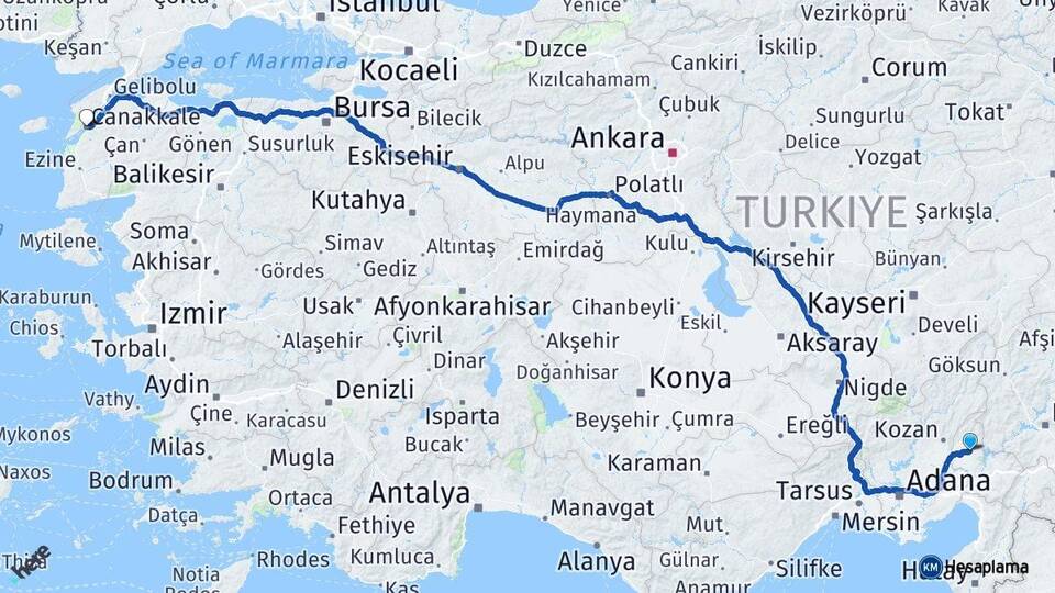 Osmaniye Kadirli Çanakkale Arası Kaç Km - Yol Haritası
